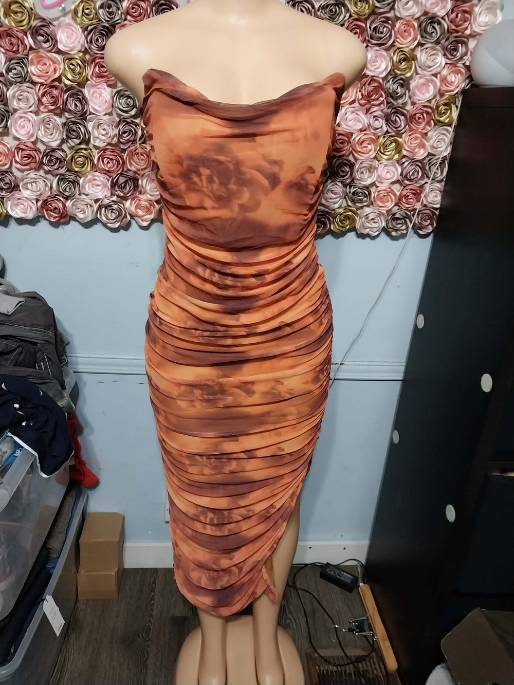 Fashion Nova Burnt Orange Tie-Dye Strapless Ruched Midi Dress